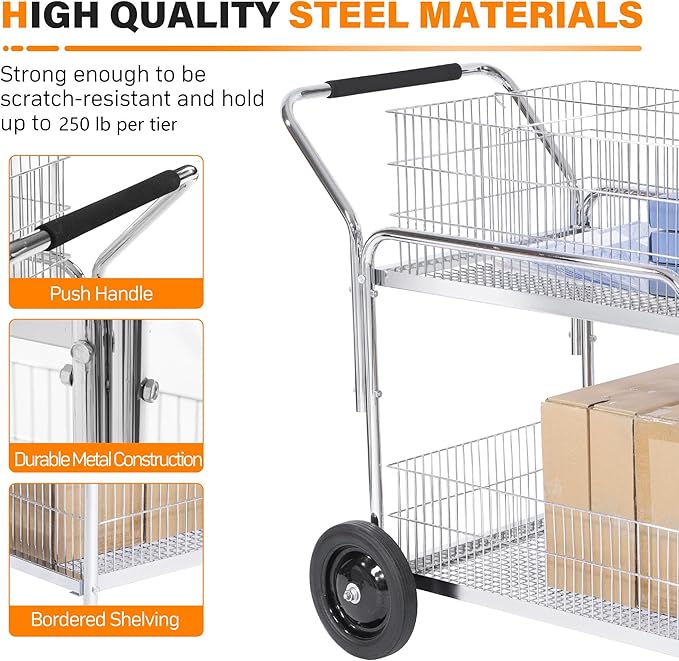 Mail Office File Cart, 400lb Capacity Heavy Duty Steel File Organizer Cart, 2 Shelf Basket Wire Office File Cart for Offices, Home, Grocery, Warehouse
