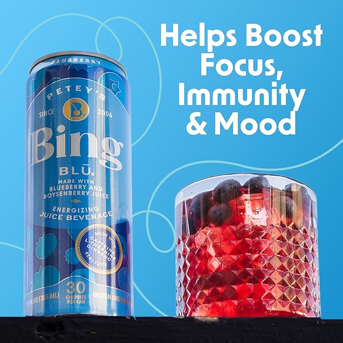 BING BLUEBERRY Energizing Juice Beverage – (12oz/24pk) – Made with REAL Juice! Only 2g added Sugar, Low Calorie; L-Theanine, 5 B-Vitamins & Ginseng; 125 mg Caffeine; Vegan, Gluten + Dairy Free. DELICIOUS