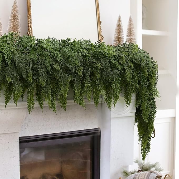 2PCS 9FT Christmas Cedar Garland with 240 Pine Tips, Realistic Faux Garland Artificial Greenery for Fireplace, Table, Mantle, Wall, Indoor, Outdoor Winter Holiday Home Decorations