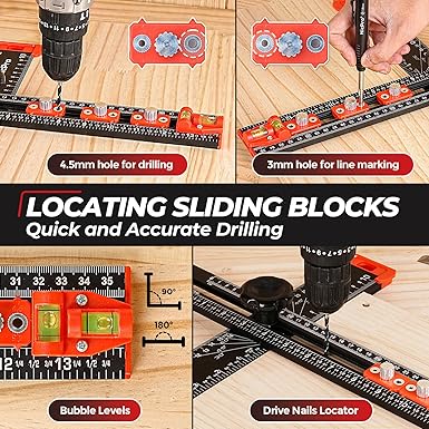 Nicpro 4-in-1 Drilling Positioning Scribing Ruler, Adjustable Multifunctional T Square Ruler with Carpenter Pencil, Carpenters Square Tools for Woodworking, Cabinet Drawer Door Hole Drilling Template