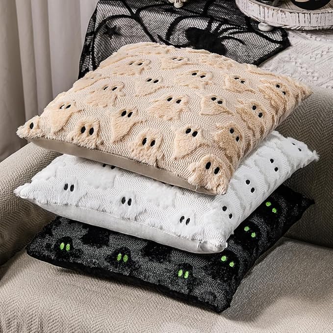 DFXSZ Halloween Pillow Covers 18x18 inch Set of 2 White Ghost Throw Pillow Cases Soft Plush Faux Fur Wool Couch Cushion Case for Chair Sofa Bedroom Living Room Home Decor PTK03A18