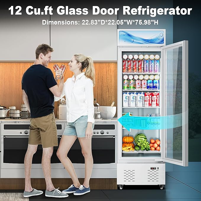 12 Cu.ft. Commercial Beverage Fridge Merchandiser Refrigerator Glass Door Upright Display Cooler with LED Light and Adjustable Shelves for Restaurant Grocery Stores Home, White
