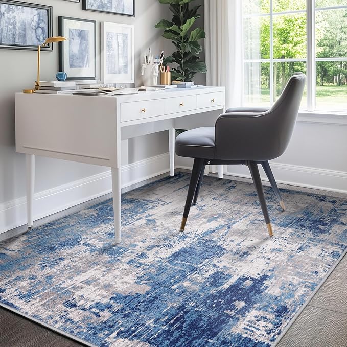 Area Rugs 5'x7' Modern Abstract Living Room Entryway Bedroom Print Pattern Blue Grey Navy Gray
