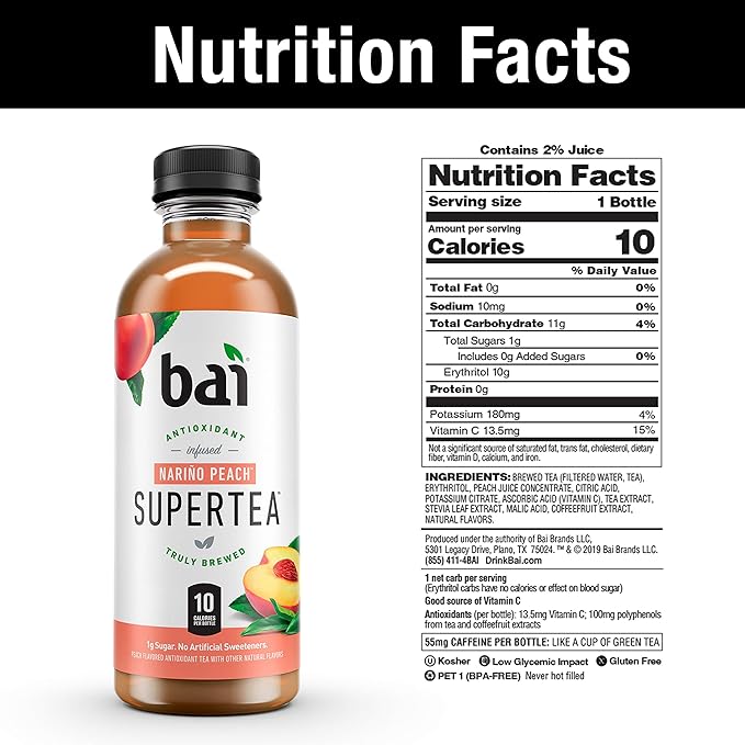 Bai Iced Tea, Narino Peach, Antioxidant Infused Supertea, Crafted with Real Tea (Black Tea, White Tea), 18 Fluid Ounce Bottles, 12 count