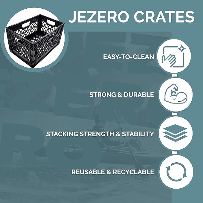 JEZERO 24 Quart 4-Pack Heavy Duty Plastic Crate | Stackable Multi-Purpose Storage Bin for Garage, Home, Office, Groceries, Outdoor, Camping & Kayaking | Black Utility Tote, 19" x 13" x 11"