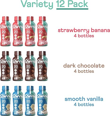 OWYN Only What You Need Protein Shake, 20g Vegan Protein, Ready to Drink, Dairy Free, Great Taste, 4g Sugar, 5g Net Carbs, Strawberry Banana Variety Pack, 12 Fl Oz (12 Pack)