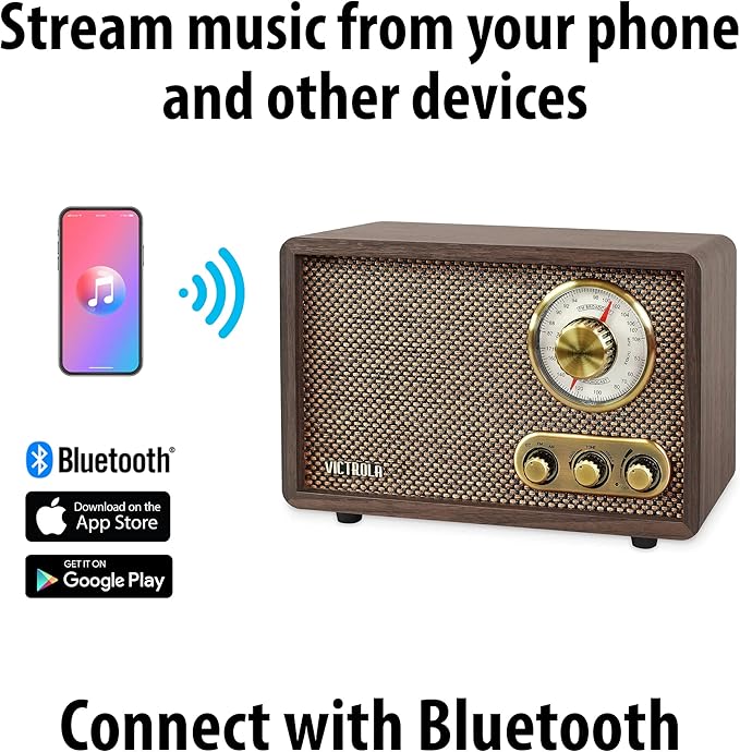 Victrola Willow – Retro Wood Bluetooth Radio with Built-in Speakers: Elegant & Vintage Design, Rotary AM/FM Tuning Dial, Bass & Treble Control, Wireless Streaming (Espresso)
