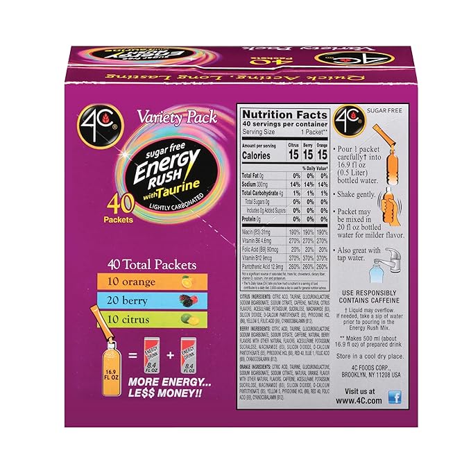 4C Energy Rush Stix, Variety 1 Pack, 40 Count, Single Serve Water Flavoring Packets, Sugar Free with Taurine, On the Go Bundle (20 Berry, 10 Orange, 10 Citrus)