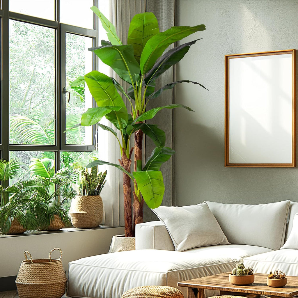 7.2FT Artificial Banana Tree Tall Fake Banana Leaf Plant Faux Banana Silk Tree Faux Banana Leaves for Home Swimming Pool Indoor Outdoor Patio Tropical Decor