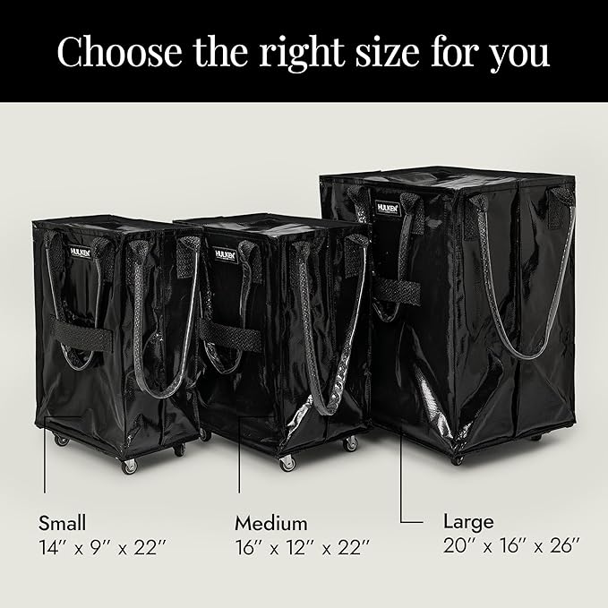 (Medium, Black) Reusable Grocery Bag On Wheels, Shopping Trolley, Rolling Tote, Zipper Closure, Lightweight, Carries Up to 66 lb, Folds Flat, Unbreakable Handles