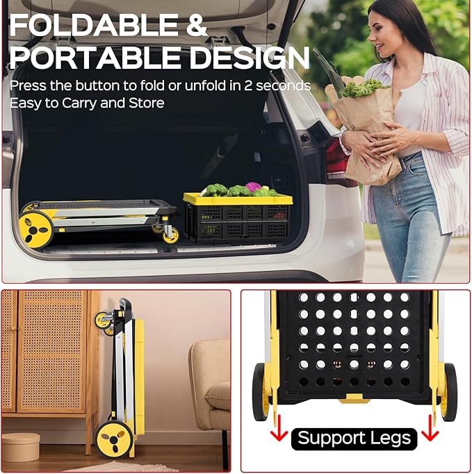 Collapsible Shopping Cart with Wheels, 200 lbs Capacity Grocery Cart on Wheels with Storage Crate, Platform Hand Truck with Foot Brake, Yellow