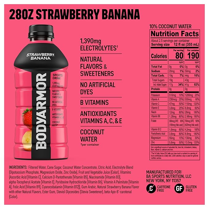 BODYARMOR Sports Drink Sports Beverage, Strawberry Banana, Coconut Water Hydration, Natural Flavors With Vitamins, Potassium-Packed Electrolytes, Perfect For Athletes, 28 Fl Oz (Pack of 15)