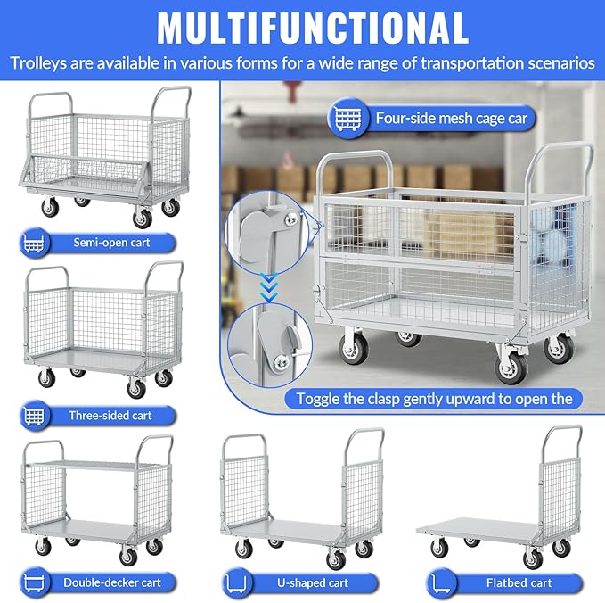 Platform Truck with Cage, Heavy Duty Flatbed Cart, Foldable Hand Truck, Load 2500LB with 4 Swivel Casters, Multi-Functional Push Cart for Grocery, Laundry, Shelving, Pantry
