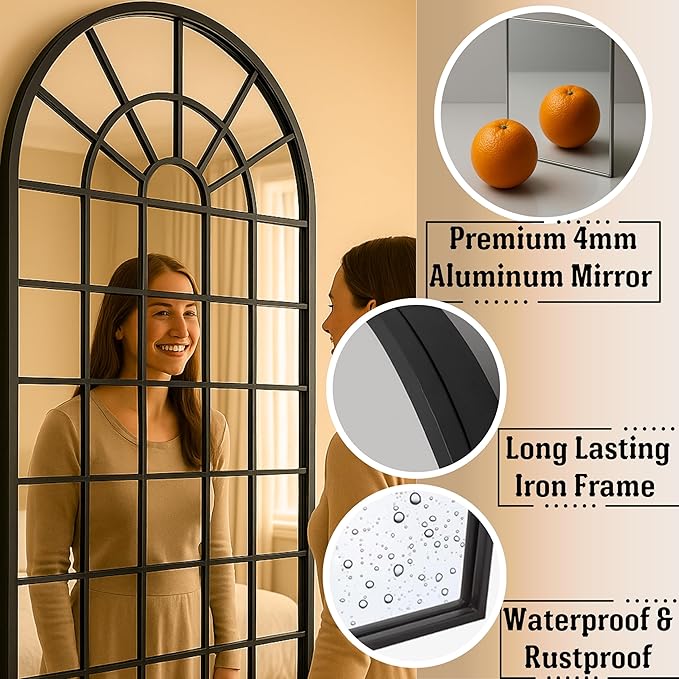 70x30Inch Large Arched Window Pane Mirror| Black Arched Mirrors for Wall & Floor | Arch Mirror Full Length for Entryway Living Room & Bedroom | Oversized Mirrors | Wall Art Decorative |Farmhouse Décor