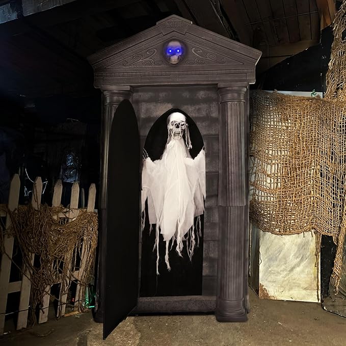 Haunted Hill Farm 6.7-Ft Animatronic Mausoleum by Tekky, Halloween Animatronic, Spooky House Wall Decoration, Creepy Indoor & Covered Outdoor Party Decor Motion-Activated Lights & Sound, LifeSize