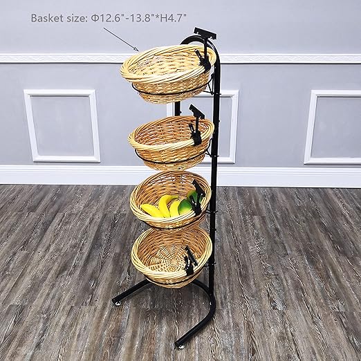 FixtureDisplays® 4 Tier Basket Stand, Sign Clips, Wicker Grocery Store Rack Display, Market Basket Rack Kitchen Toiletry Organizer 15.0" X 16.0 X 47.0" 15603