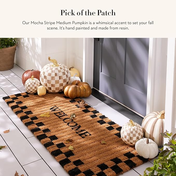 MACKENZIE-CHILDS Medium Pumpkin, Resin Halloween Home Decor, Brown-and-White Mocha Stripe