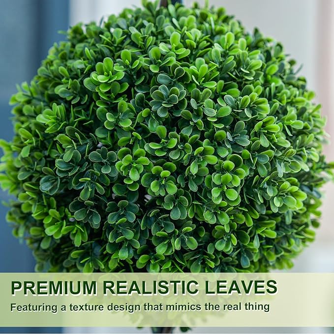 3FT Artificial Triple Ball Topiary Trees with Roman Style Vintage White Planter Pot, Outdoor Indoor Realistic Faux Shrubs Plants, Fake Trees for Home Offices Porch Decor, Set of 2