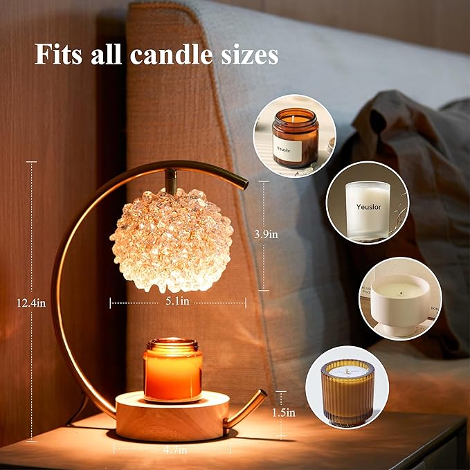 Gold Candle Warmer Lamp for Jar Candles with Adjustable Brightness＆Timer，Handcrafted Crystal＆Wooden Base, Luxurious Design,Home Decoration Electric Candle lamp(C-Shaped)