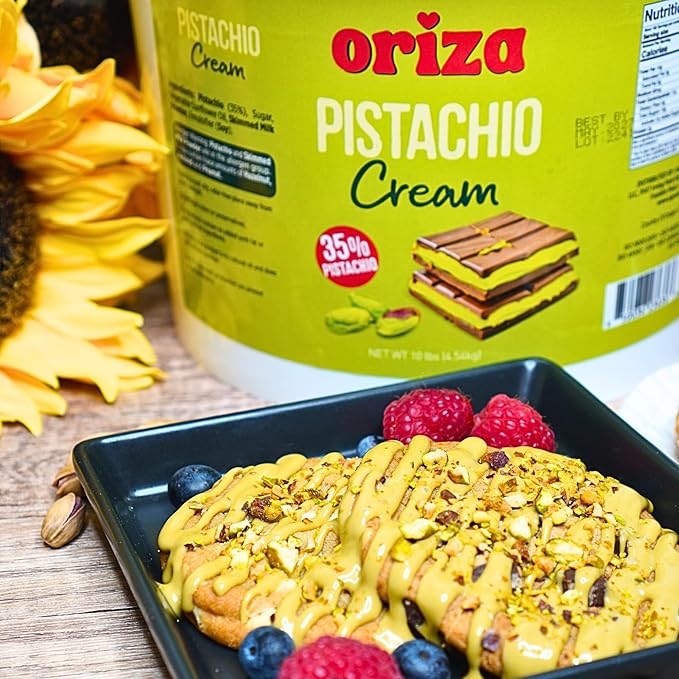 Oriza Pistachio Cream, 10lbs Pail (Pack of 2) – Premium Bakery Spread with 35% Pistachios, Palm Oil Free, Non-GMO – Ideal for Pastries, Gelato, Cakes & Dessert Filling