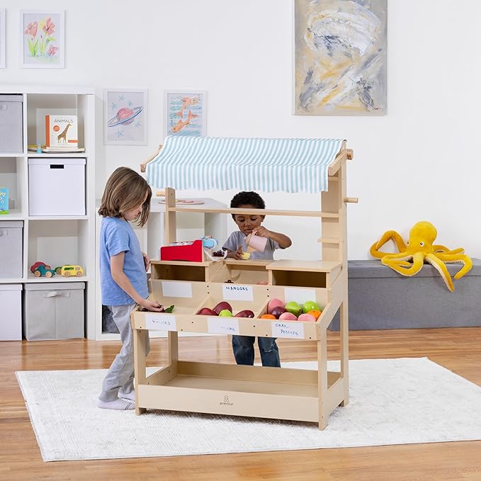 Cypress Wooden Market Stand for Kids - Pretend Play Grocery Store with Awning, Storage Bins, Dry Erase Stickers, Durable Wood Construction, Easy Assembly, Role-Playing Toy