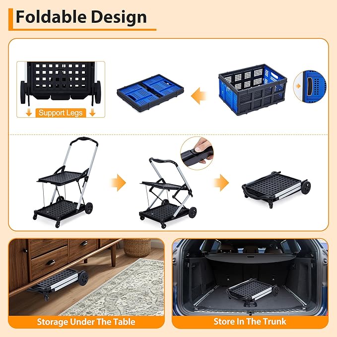 Collapsible Shopping Cart with Wheels, 2-Tier Portable Utility Cart with Removable Storage Crate for Home Groceries Supermarket