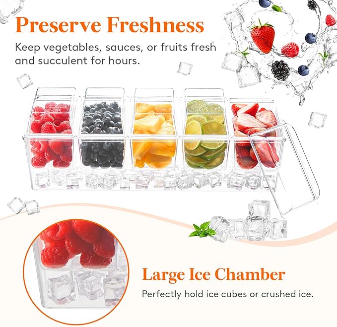 Lifewit Ice Chilled Condiment Caddy with 5x 20oz(2.5 cup) Containers, 15.3" Condiment Server with Separate Lids, Serving Tray Platter with Removable Dishes for Bar, Fruit, Salad, Taco, Party Garnish