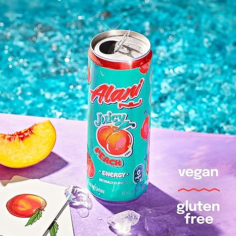 Alani Nu JUICY PEACH, Sugar Free, Low Calorie Energy Drinks, 200mg Caffeine, Biotin, B Vitamins, Zero Sugar, 10 Calories, 12 Fl Oz Cans, 12 Pack