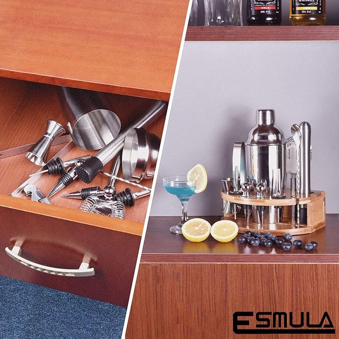 Bartender Kit with Stylish Bamboo Stand, 12 Piece 25oz Cocktail Shaker Set for Mixed Drink, Professional Stainless Steel Bar Tool Set, Gift for Man Dad- Cocktail Recipes Booklet (Silver)