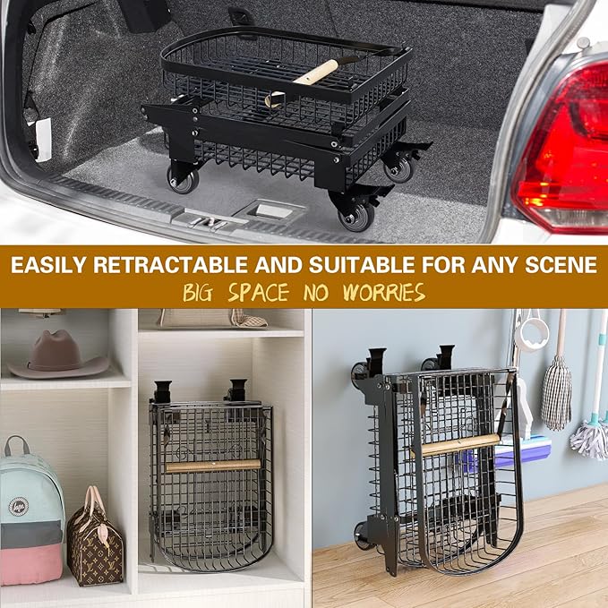 2-Tier Foldable Shopping Cart for Groceries, Collapsible Cart with 360° Rolling Swivel Wheels, Heavy Duty Multi Function Folding Utility Cart for Camping Gear, Traveling, Laundry, Garden, Pantry