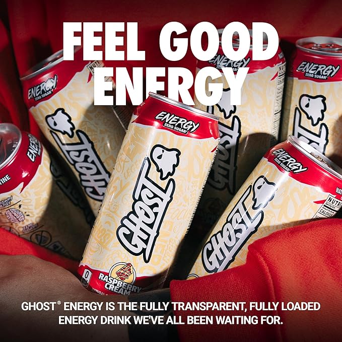 GHOST Energy Drink - 12-Pack, Raspberry Cream, 16oz Cans - Energy & Focus & No Artificial Colors - 200mg of Natural Caffeine, L-Carnitine & Taurine - Gluten-Free & Vegan