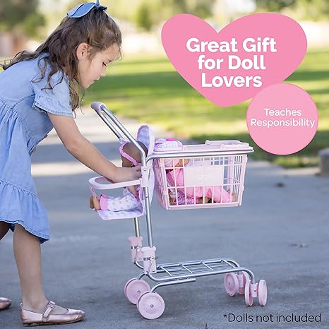Adora 2 in 1 Mini Shopping Cart with Baby Doll Seat Carrier, Pretend Play Toy Accessories for Dolls up to 16 Inch, Includes Removable Hand Basket and Bottom Rack Storage - Classic Pastel Pink