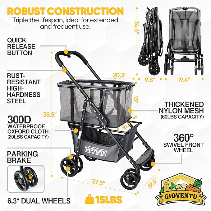 𝐔𝐩𝐠𝐫𝐚𝐝𝐞𝐝 Folding Shopping Cart with Wheels (80lbs), Collapsible Grocery Carts with 360° Wheels & Removable Tote Bag, Multi Use Portable Personal Shopping Carts for Groceries, Gray
