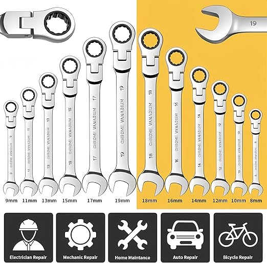 Ratcheting Wrench Set 16 Pcs, Multifuctional Combination Ended Spanner Kit Metric 6-22MM Chrome Vanadium Steel Flex-Head Ratchet Wrenches with Carrying Bag