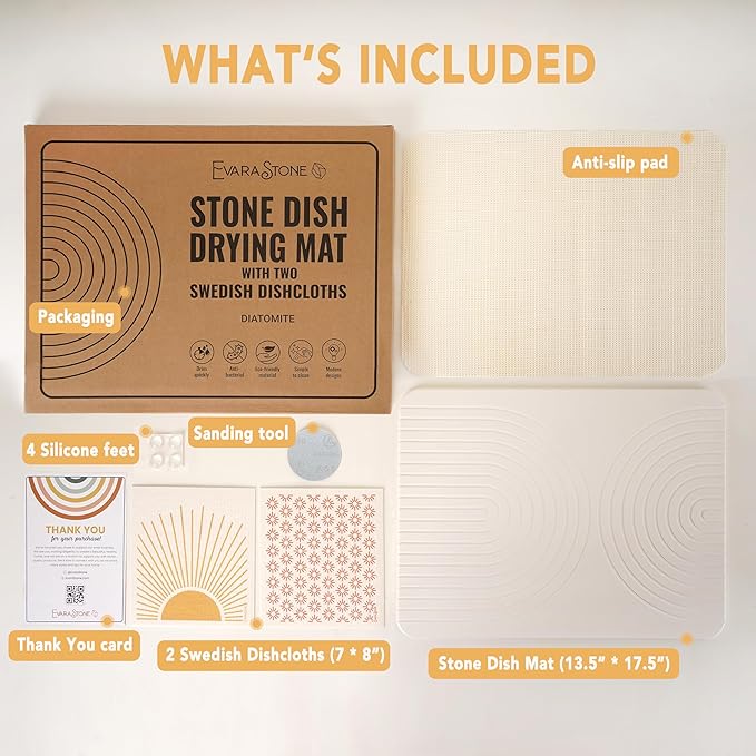 Large 13.5" x 17.5" Stone Dish Drying Mat with 2 Reusable Paper Towels, Diatomaceous Earth, Modern Arch Designs, 2 Compostable Swedish Dishcloths with Original Designs
