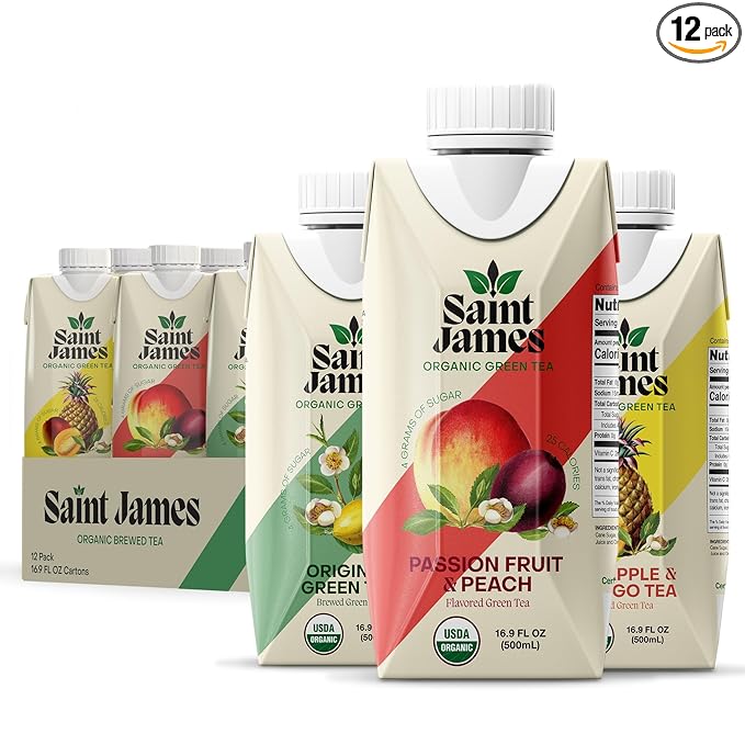 Saint James Iced Tea - Organic Green Tea - Non GMO, Gluten Free, Low Calorie & Low Sugar - Variety Green Tea Flavors, 12 Pack (16.9 fl oz each)