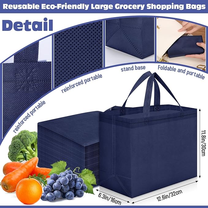 Windyun Reusable Grocery Bags Large Non Woven Shopping Bags with Handles Foldable Portable Tote Bulk, 12.6 x 11.8 x 6.3 Inch
