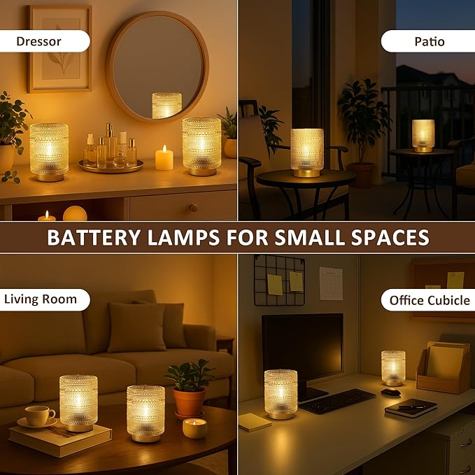 2 Pack Battery Operated Decorative Aesthetic Lamp with Timer for Dorm/Office/ Patio/Bedside/,Small Cordless Table Lamps with LED Warm Bulb for Shelf/Coffee Table/Entryway/ Mantle/Dresser Decor(Clear)