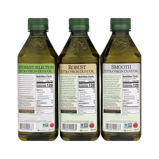 Pompeian Extra Virgin Olive Oil Variety Pack - Smooth EVOO, Gourmet Selection EVOO, Robust EVOO, Contains Polyphenols, First Cold Pressed, 16 Fl Oz, Pack of 3