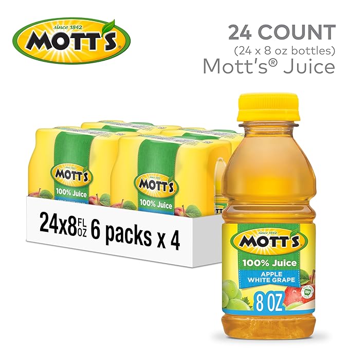 Mott's 100% Apple White Grape Juice, 8 Fl Oz Bottles, 24 Count (4 Packs Of 6), No Added Sugar, Excellent Source Of Vitamin C, 2 Servings Of Fruit Per Bottle, Gluten & Caffeine Free, On-the-go
