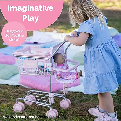 Adora 2 in 1 Mini Shopping Cart with Baby Doll Seat Carrier, Pretend Play Toy Accessories for Dolls up to 16 Inch, Includes Removable Hand Basket and Bottom Rack Storage - Classic Pastel Pink