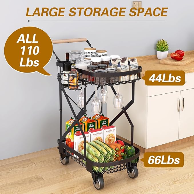 2-Tier Foldable Shopping Cart for Groceries, Collapsible Cart with 360° Rolling Swivel Wheels, Heavy Duty Multi Function Folding Utility Cart for Camping Gear, Traveling, Laundry, Garden, Pantry