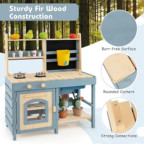 KOTEK 2 in 1 Mud Kitchen, Outdoor Play Kitchen & Grocery Playset w/Removable Sink, Water Tank & Faucet, Stoves, Oven, Blackboard, Storage Bag & Baskets, Double Side Wooden Mud Table for Kids Outdoor
