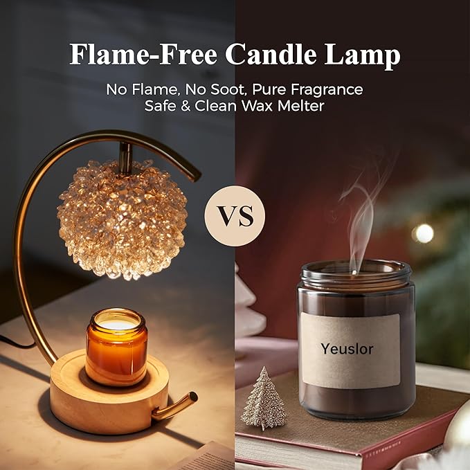 Gold Candle Warmer Lamp for Jar Candles with Adjustable Brightness＆Timer，Handcrafted Crystal＆Wooden Base, Luxurious Design,Home Decoration Electric Candle lamp(C-Shaped)