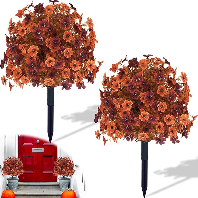 Outdoor Artificial Fall Flowers, UV Resistant Faux Shrub Decorations, Fall Orange and Red Flowers for Front Porch, Patio, Garden, Thanksgiving Decoration (Pack of 2)