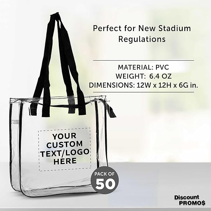 DISCOUNT PROMOS Custom Clear Tote Bags Set of 50, Personalized Bulk Pack - Reusable, Great for Shopping, Grocery, Beach, Picnic, Wedding Favors - Black Clear