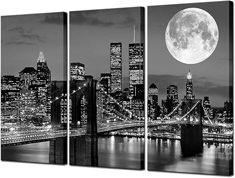 Biuteawal New York Skyline Wall Art Brooklyn Bridge Moon Night View Picture Canvas Print Black and White City Artwork Painting Modern Home Office Living Room Decoration