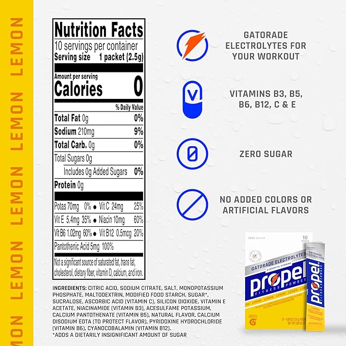 Propel Electrolyte Enhanced Water Drink Mix Powder Packets, Lemon, Zero Calorie & Zero Sugar Hydration with Electrolytes and Vitamins C & E (120 Packets)