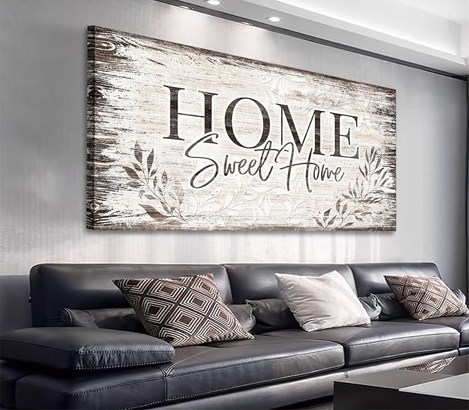 Home Sweet Home Wall Art Sign Large Dark Brown Farmhouse Wall Sign for Living Room Decoration Wooden Board Design Canvas Prints Modern Rustic Artwork Leaf Pictures Wall Decor 20" x 40"