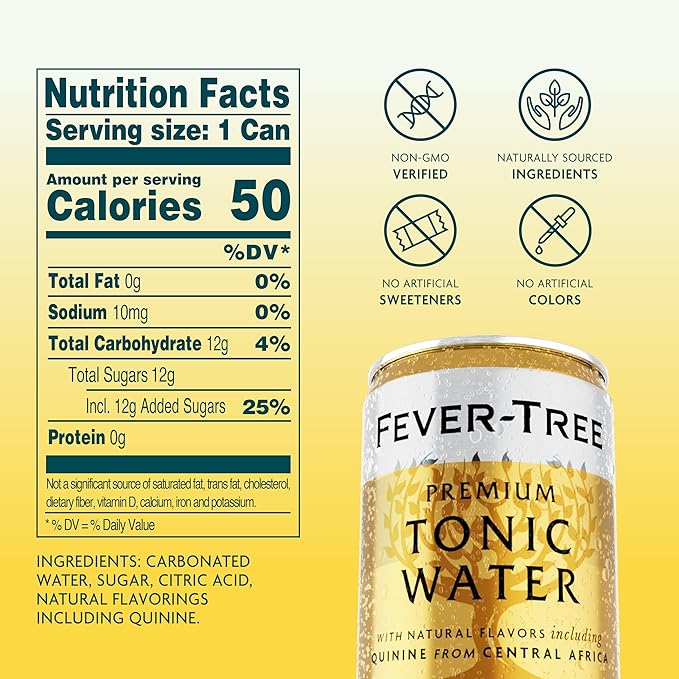 Fever-Tree Tonic Water - Premium Quality Mixer - Refreshing Beverage for Cocktails & Mocktails. Naturally Sourced Ingredients, No Artificial Sweeteners or Colors - 5.1 Fl Oz Cans - Pack of 24